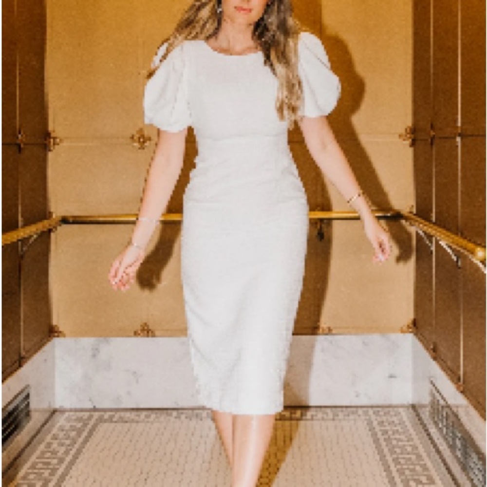 Ivy City Co “Holly” White Puff Sleeve Sheath Midi Dress